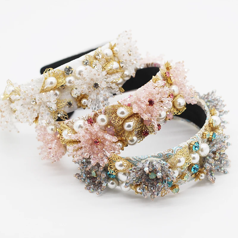 New Baroque fashion temperament crystal pearl rhinestone hair accessories ladies party street beat hair hoop 806