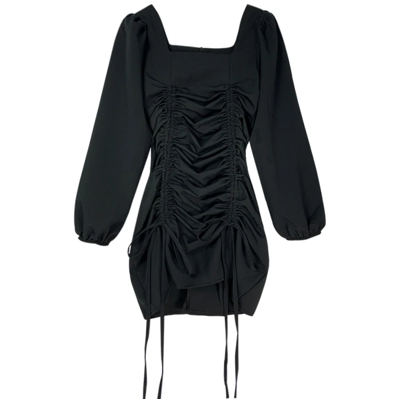

Pleated Woman Dress Vintage Teen Party Sexy Satin Bodycon Y2k Mini Korean Long Sleeve Fashion Wrap Black Plus Size Dresses Women