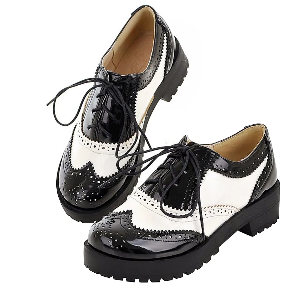 

AGODOR Classic Retro Block Heel Lace up Women's Pumps Round Toe Brogues Oxfords Low Heel Woman Dress Shoes
