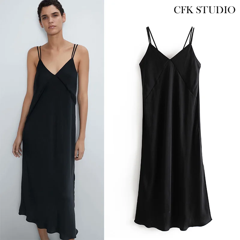 Женское шелковое платье с V образным вырезом без рукавов|Женские платья| |