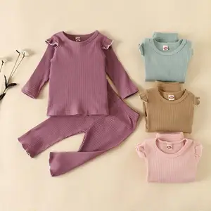 Детская приталенная пижама в рубчик, детский хлопковый комплект из топа и брюк, одежда для сна унисекс для девочек и мальчиков, осенняя одежда для сна с рукавами-лепестками