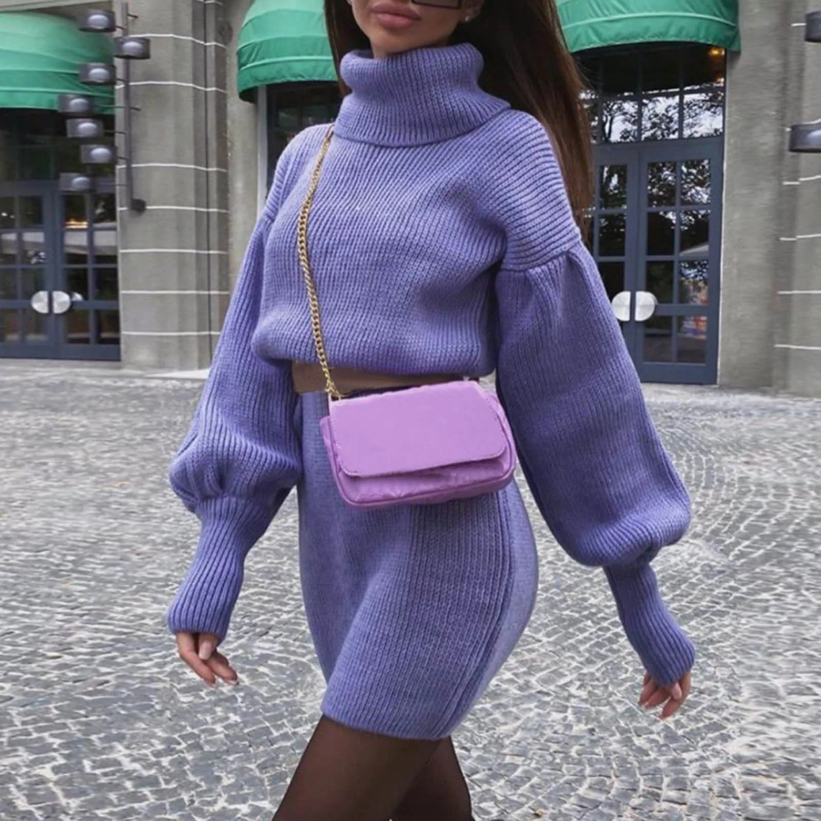 Потяните Hiver Мода свободный свитер для женщин прочный фонарь рукав с высоким