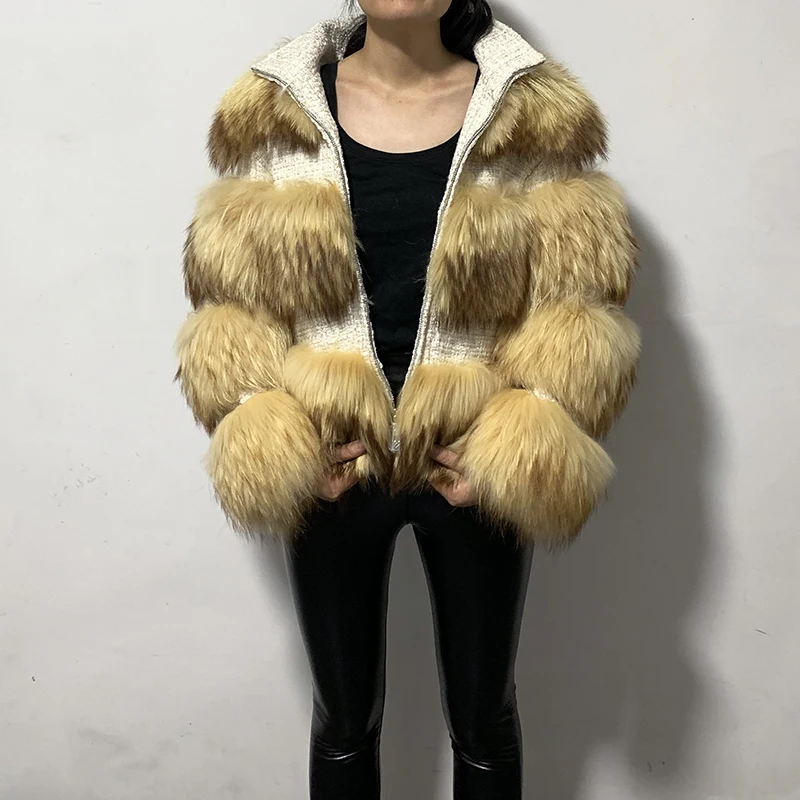 rf1930 Promotion Luxury Full Pelt Natural Raccoon Fur Striped Coat Women Zipper Long Sleeve Winter Real Fur Jacket