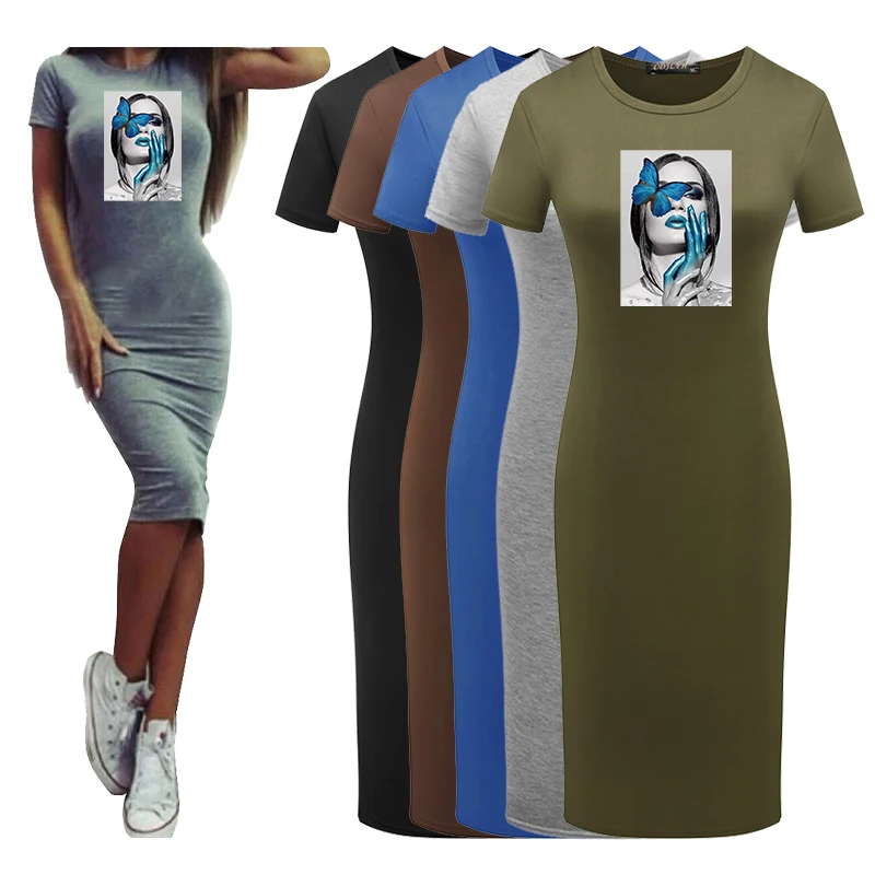 

New Girl Butterfly Summer Dress Stretchy Bodycon Women Pencil Dress Short Sleeve Nordic Vintage Dress Slim Party Midi Vestidos