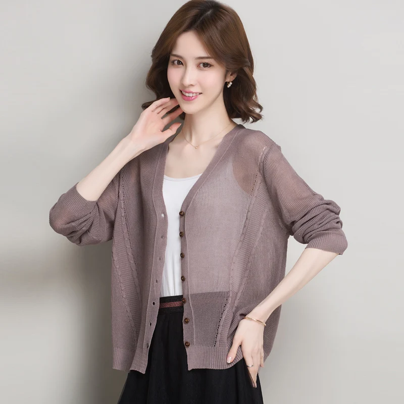 Женское летнее трикотажное пальто элегантная тонкая трикотажная одежда с V