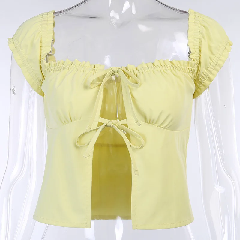 

Y2K EGIRL 2000s Fashion Off Shoulder Bandage Milk Maid Tops Cute Vintage Square Ruffles Collar Crop Slit T-shirts Y2K Summer Tee