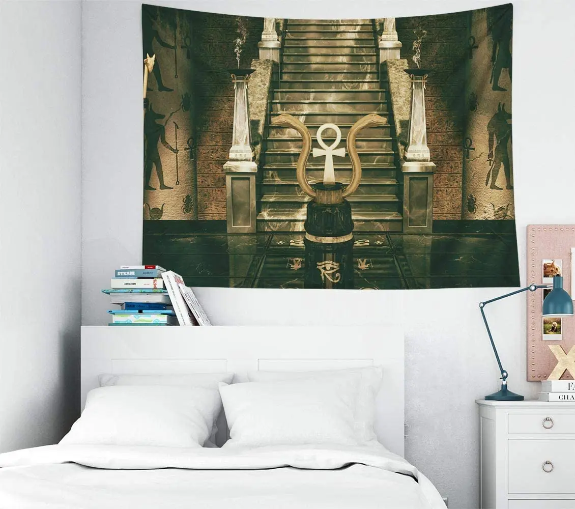 Tapiz de dos serpientes doradas y una cruz egipcia, geoglifos, arte psicod&eacute;lico dorado de Ho Me Lili, para decoraci&oacute;n de dormitorio-5