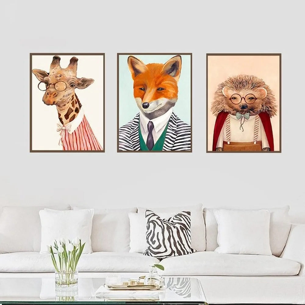 Ретро портрет животных холст живопись лиса ежик кошка собака лось хентлеман