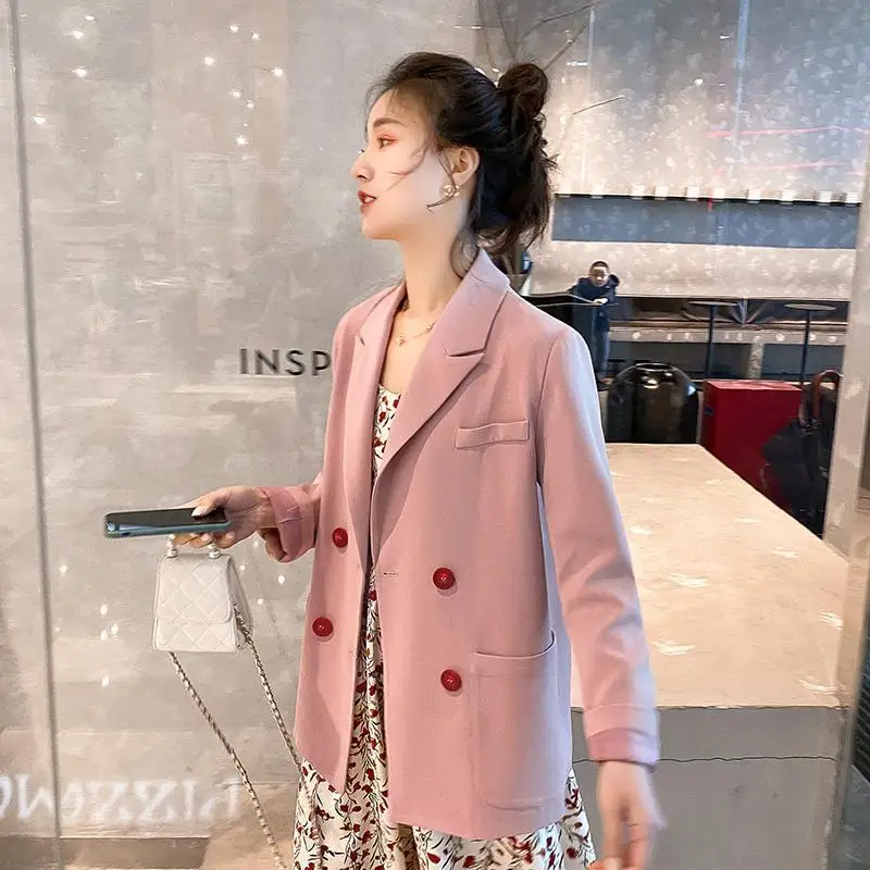 

HStar Women 2020 Blazers Jacket Vintage Double Breasted Female Korean Blazers Casual Street Office Lady Pink Outwears