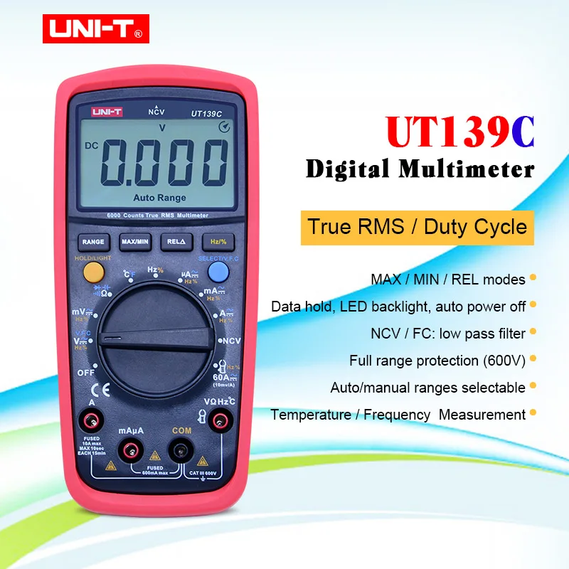 UNI-T UT139C Digital Multimeter True RMS Auto Range Voltmeter Handheld Tester 6000 Count Temperature transistor+Gift