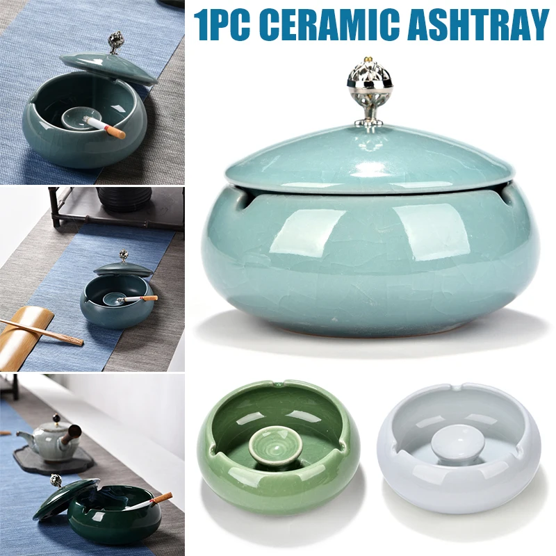 

Cracked Ice Pattern Glaze Ceramic Ashtray with Lids Windproof Ashtray Ash Holder for Home Office Decoration