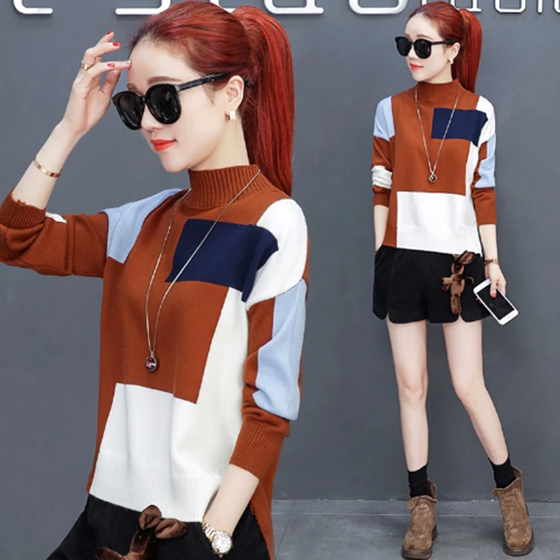 

Women Half Turtleneck Knitted Sweater Pullovers Color block Irregular Split Hem Casual Female Sweaters 2021 Autumn Knitwear Tops