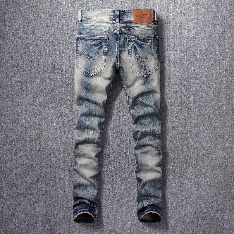 American Street Fashion Men Jeans Retro Yellow Blue Slim Destroyed Ripped Jeans Men Embroidery Patch Designer Denim Punk Pants