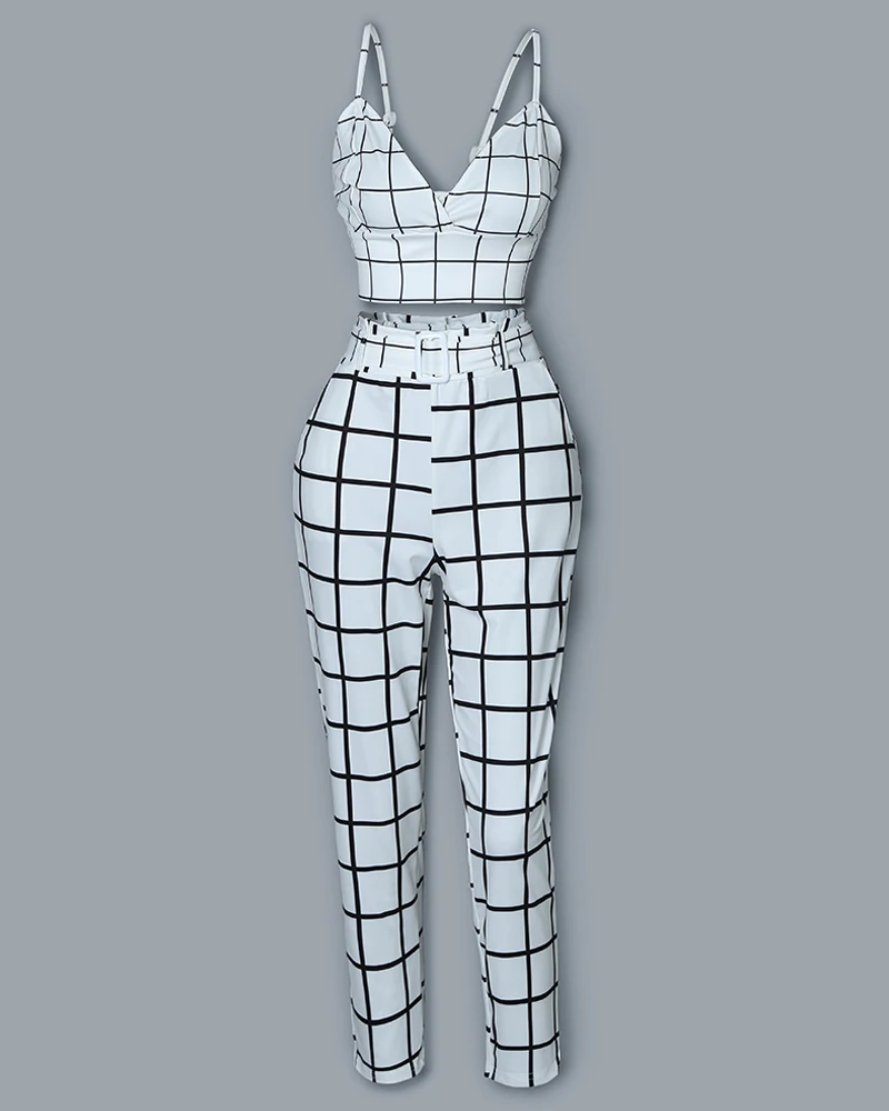 

KALENMOS Grid Wrapped Cami Top & High Waist Pants Set Women 2 Piece Set Casual Tops and Trousers Summer Clothes Lounge Wear 2020