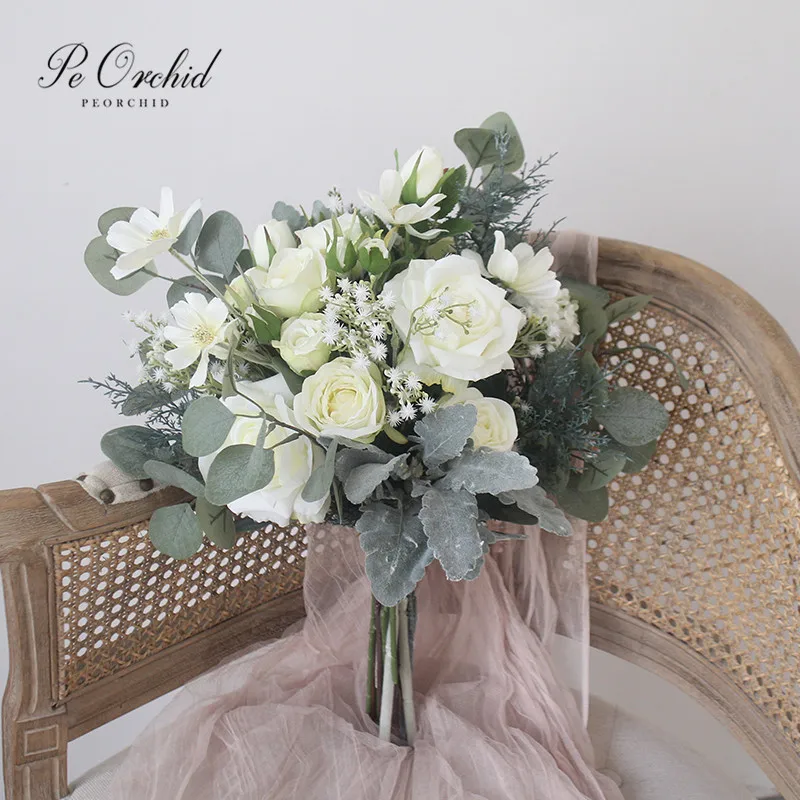 

PEORCHID Roses Bride Wedding Bouquet Green&White Bridesmaid Bouquet Holding Flowers Deco Photo Charm Artificial Bridal Bouquet