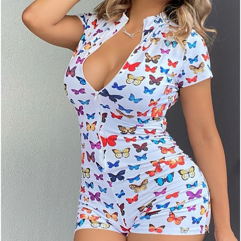 

Mandylandy White Butterfly Print Playsuits Women Short Sleeve Sleepwear Bodysuits Rompers Short Bodycon Skinny Rompers Playsuits