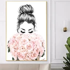 Романтическая Акварельная Роза, модная девушка, эскиз, настенный печатный плакат, женское лицо, холст, живопись, цветочные картины для гостиной, Декор