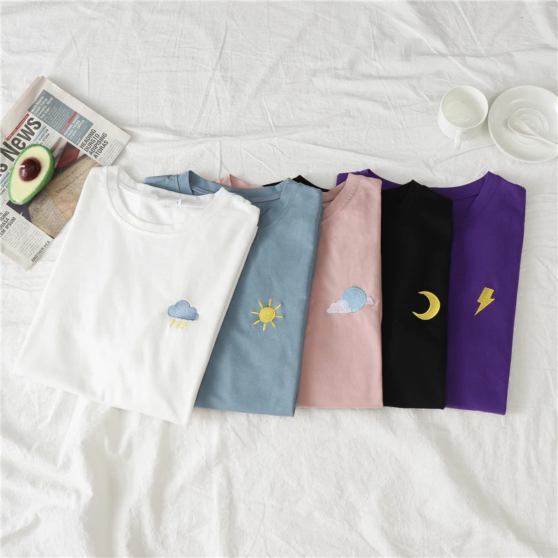 oversized shirt loose Weather pattern embroidery Harajuku vintage t-shirt fashion summer korea casual female T-shirt | Женская одежда