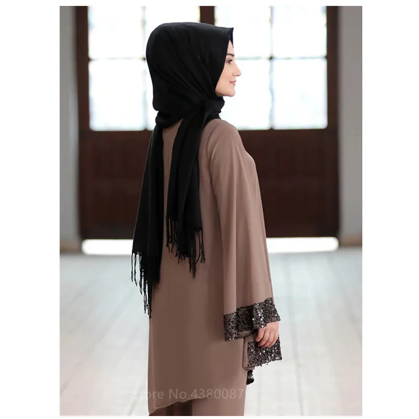 

Eid Muslim Abaya Dress Set for Women Female Islamic Dubai Arab Chiffon Sequins Irregular Top Shirt Loose Pants Kaftan Outfits