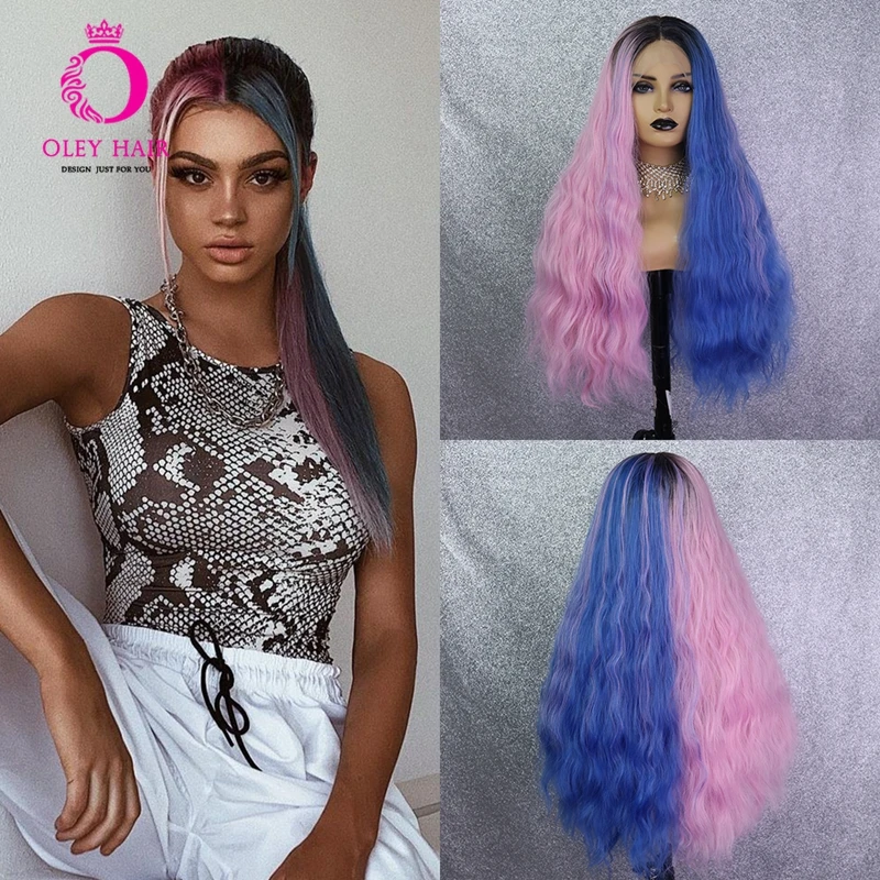 Blue And Pink Wig Heat Resistant  Synthetic Lace Front Wig With Black Roots Deep Wave Cosplay Ombre Wigs For Black Women Oley