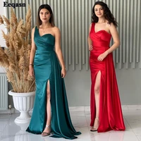 eeqasn teal red satin mermaid bridesmaid dresses long pleated one shoulder formal evening dress women slit slide prom gowns 2022