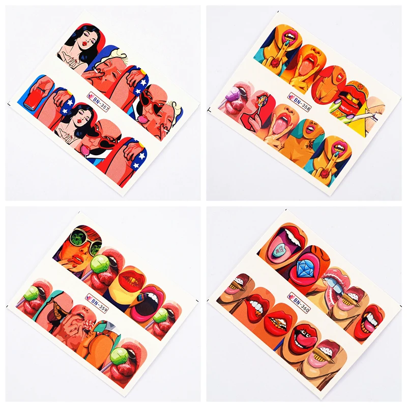 

12pcs Pop Art Nail Stickers Sexy Girl Designs Comics Water Transfer Decals Manicure DIY Lips Nail Art Decorations Slider
