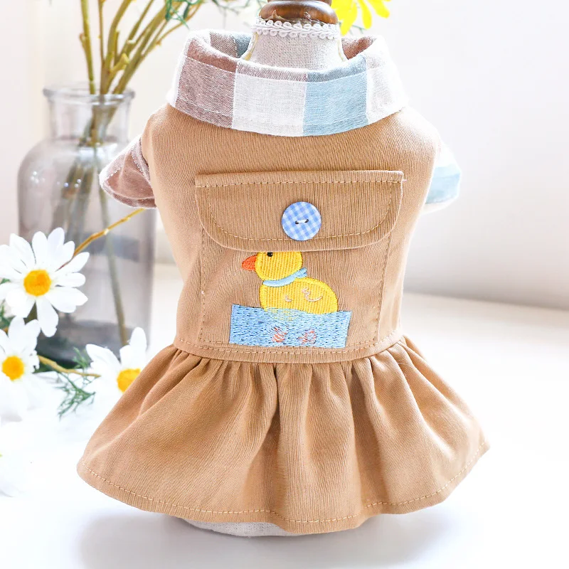 

Pet Cat Clothes Dog Skirts Spring Autumn Duck Embroidery Two Legs Ladies Dog Dresses For Small Dogs Clothes Big Pocket Cat Coats