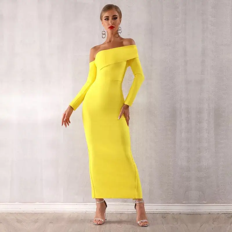 

2021 Women Bandage Dress Long Sleeve Off Shoulder Party long Dresses for women