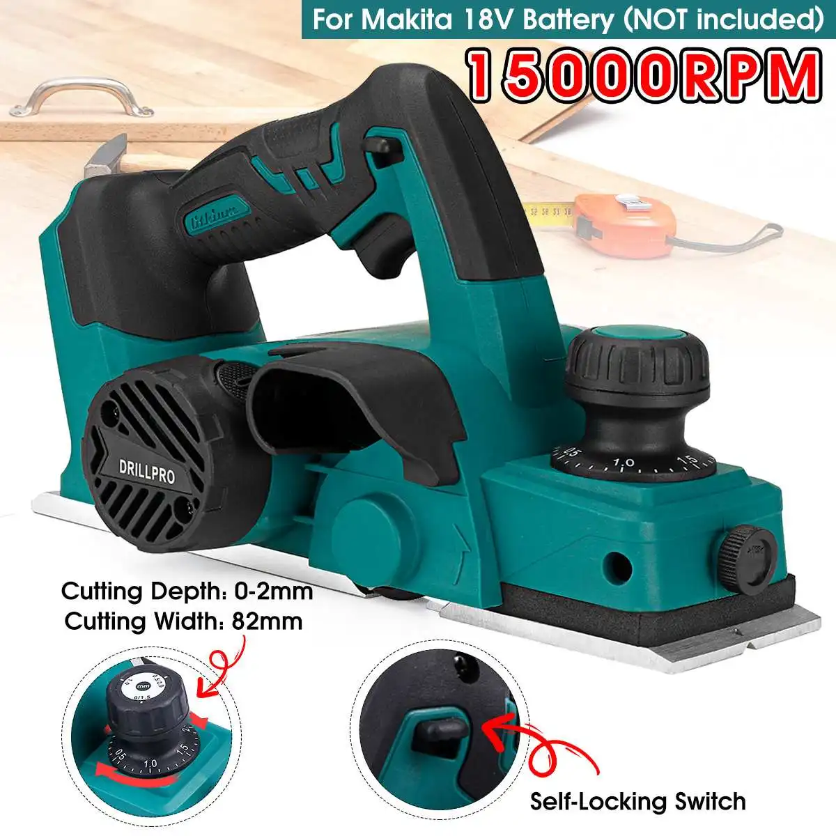 Drillpro 18V 15000RPM Rechargeable Electric Planer Cordless Handheld Wood Cutting Tool with Wrench for Makita 18V Battery