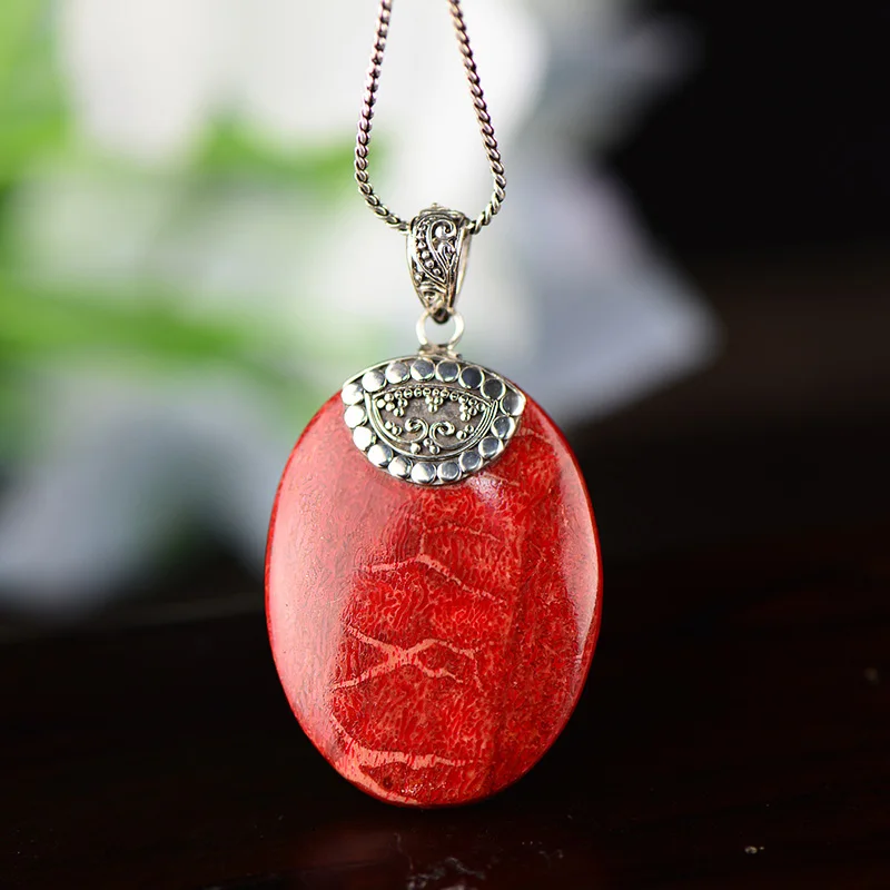 

Genuine Sterling Silver 925 Pendant For Women With Red Coral Natural Gemstone Ethnic Pendants Jewelry Making Ametist