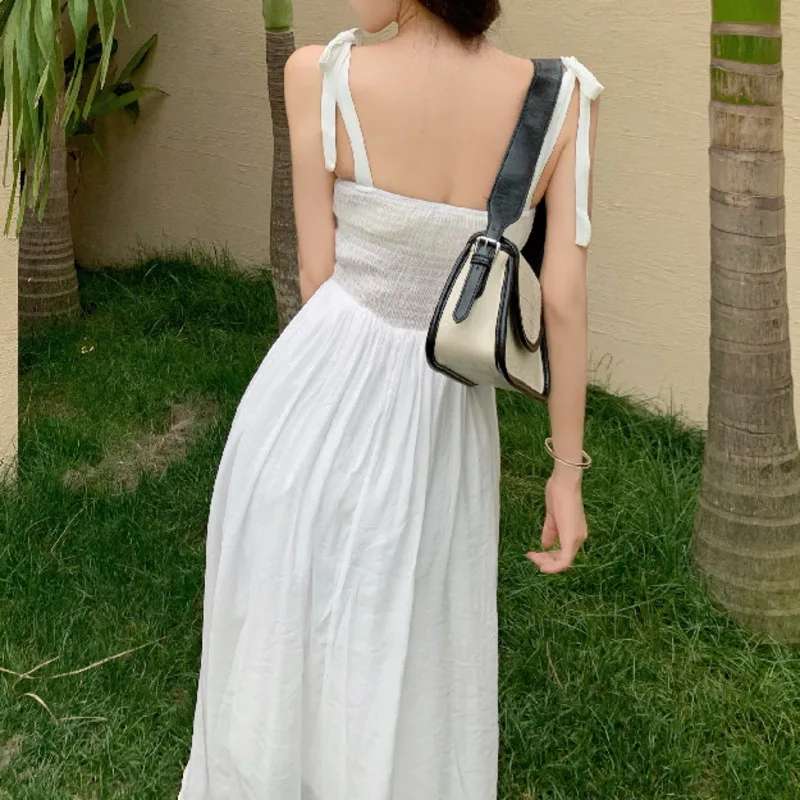 

Summer French Vintage Color Matching Peach Heart Maxi Dress Women White Black Bandage Spaghetti Strap Vestidos Mujer Verano 2021