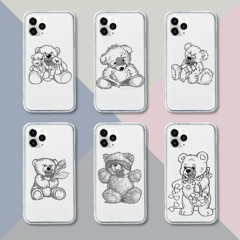

Cute Teddy Bear Simple lines Phone Case Transparent soft For iphone 12 11 13 7 8 6 s plus x xs xr pro max mini