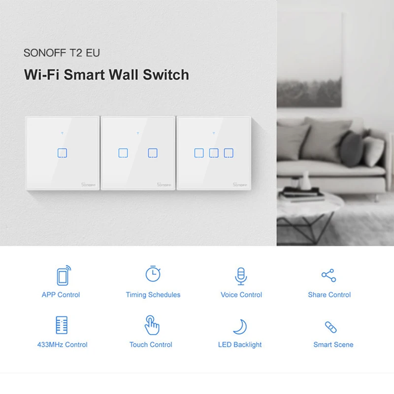 Сенсорный настенный светильник SONOFF T2 серия ЕС TX Wi Fi с краями 433 RF/Voice/APP Control