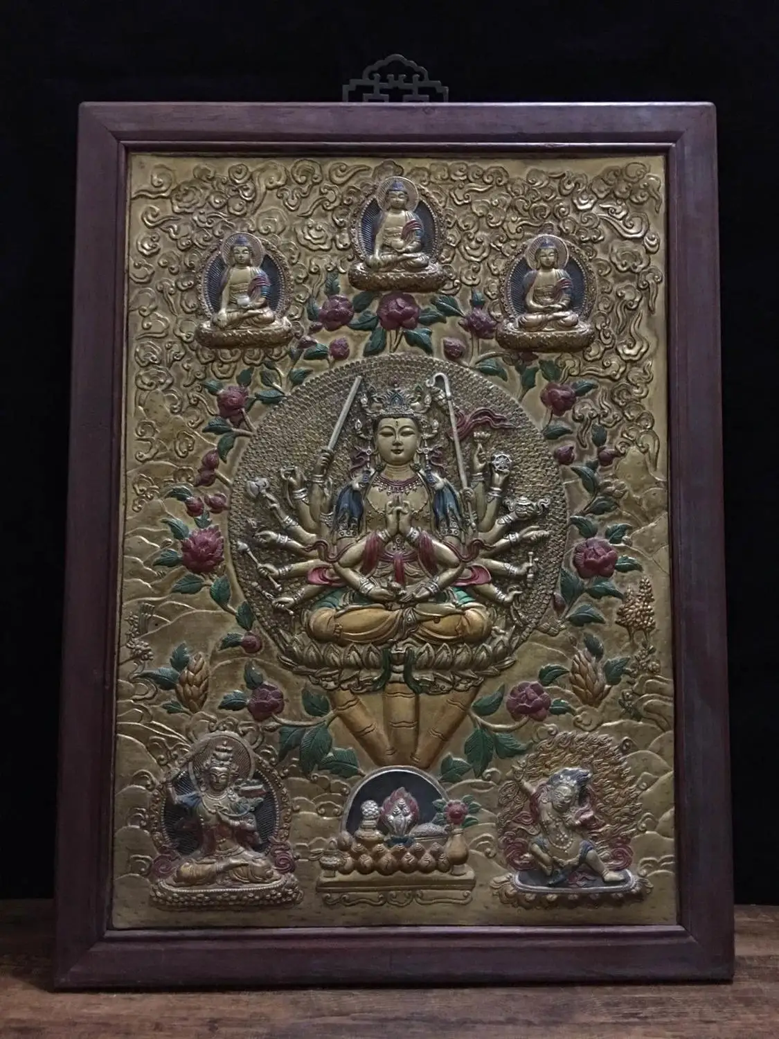 

Home 30" Tibet Buddhism Temple Old Mahogany Framed Thangka Bronze Painted Thousand-Hand Guanyin Buddha Statue Thangka Amulet