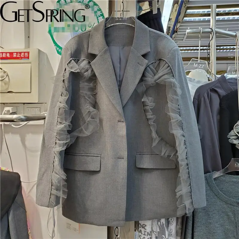 

Getspring Women Blazer Mesh Patchwork Gray Oversize Jacket All Match Casual Loose Autumn And Winter Suit Coats 2021 New Fashion
