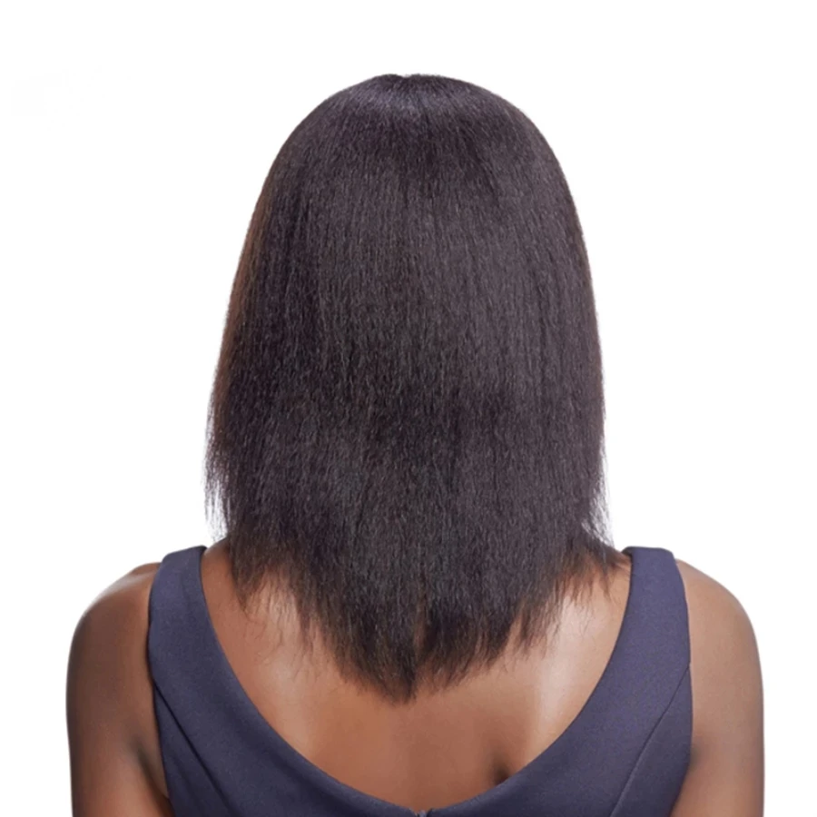 Yaki Human Hair Bob Wigs Kinky Straight Women Peruvian Remy Scalp Top Wig Silk Base with Bangs Natural Color | Шиньоны и парики