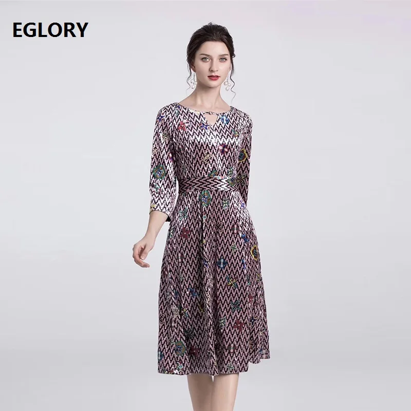 

Elegant 2020 Spring Autumn Dress High Quality Women O-Neck Geometric Prints 3/4 Sleeve Mid-Calf Large Swing Party Tunic Dresses