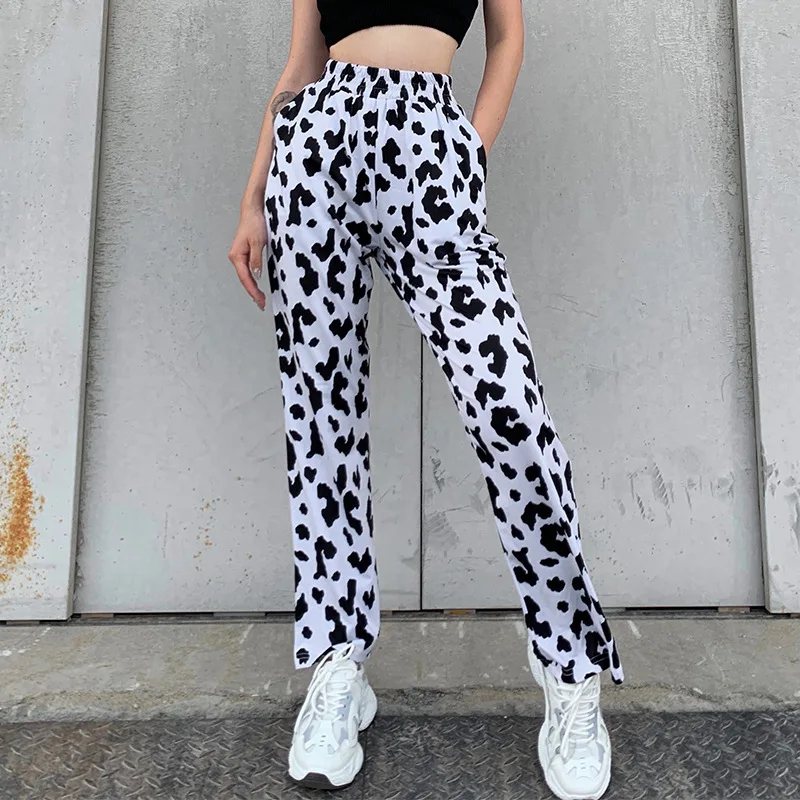 

high waisted cow printed straight pants women bottoms pants