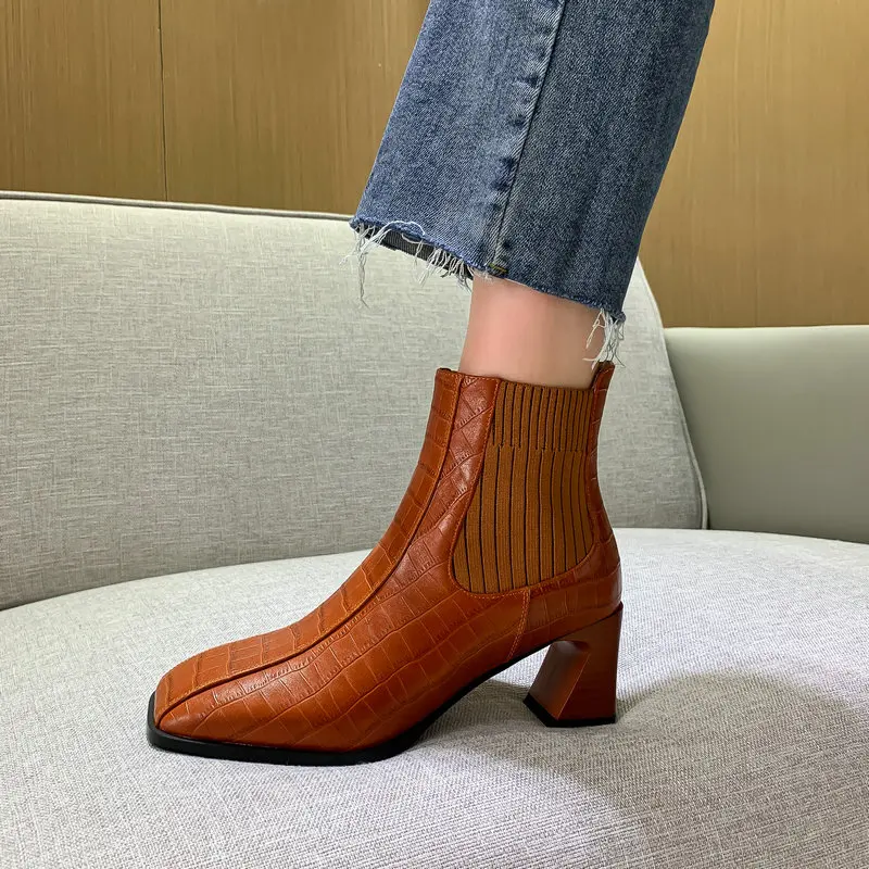 

Classic Chelsea Boots 2020 Winter Warm Women Ankle Boots Genuine Leather High Heels Short Boots Dancing Shoes Woman