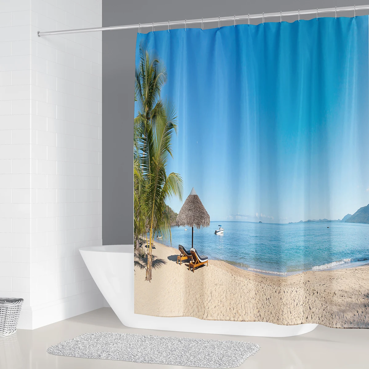 Штора для душа с 12 крючками водонепроницаемая тканевая занавеска пляжа Морского