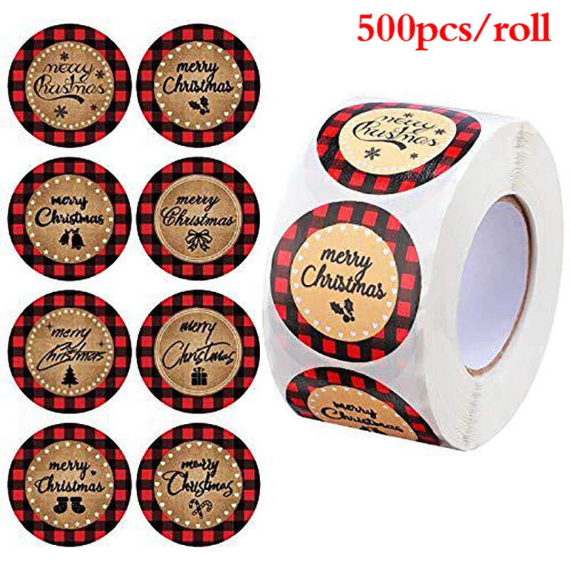 

500pcs/roll Christmas Handmade Gift Baking Sealing Stickers Merry Christmas Red Black Grid