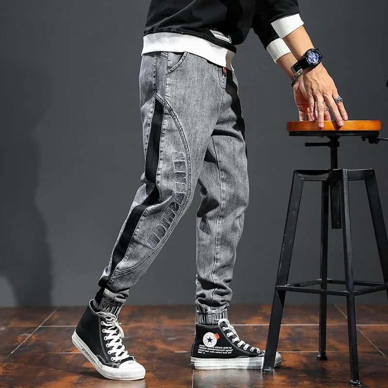 

Men's Fashion Pants Elastic Band Overweight Large Jeans Cowboy Trousers Male Fashionable Patchwork Streetwear Plus Size Man