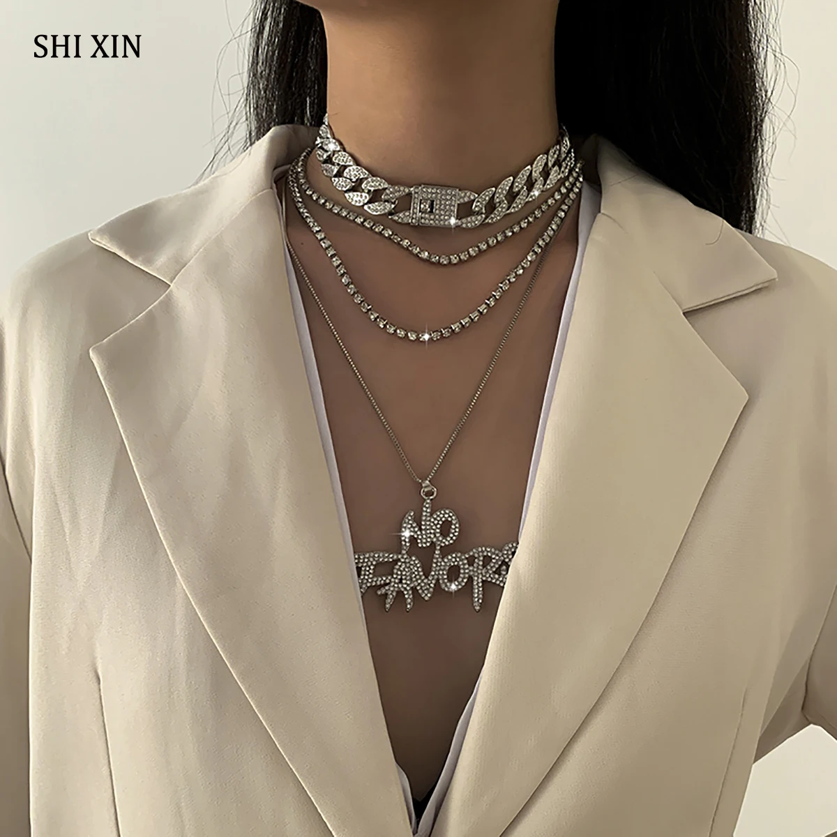 

Shixin Iced Out Cuban Link Chain Necklace for Women Hiphop Layered Rhinestone Necklace with Letter Pendant Necklace Choker Colar