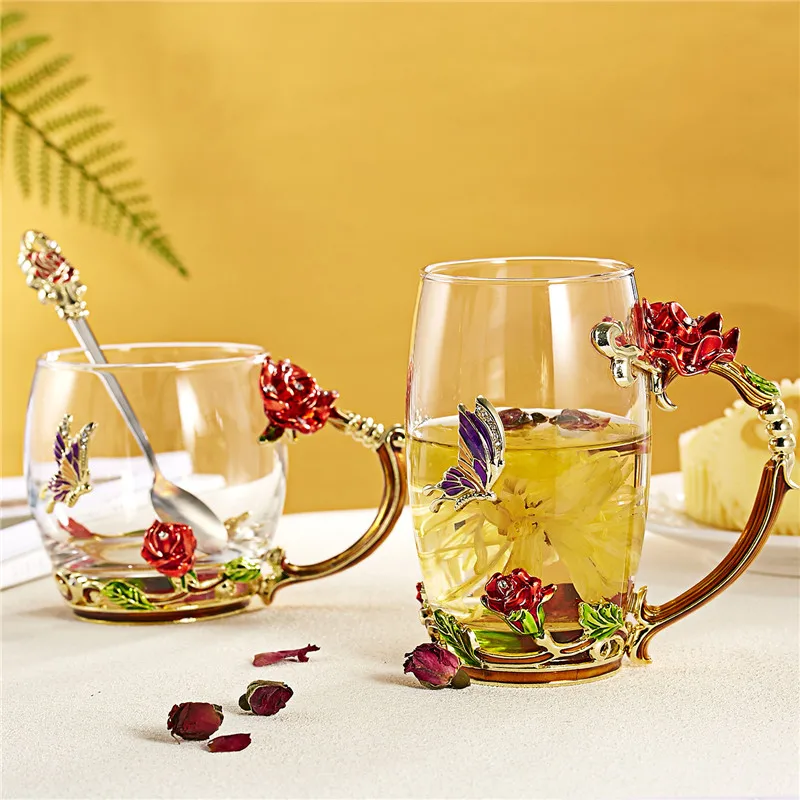 

Flower Tea Cup Set Water Cup with Spoon Lid Glass Coffee Mug Office Shop Cafe Milk Water Drinkware Birthday Christmas Gift