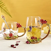 flower tea cup set water cup with spoon lid glass coffee mug office shop cafe milk water drinkware birthday christmas gift