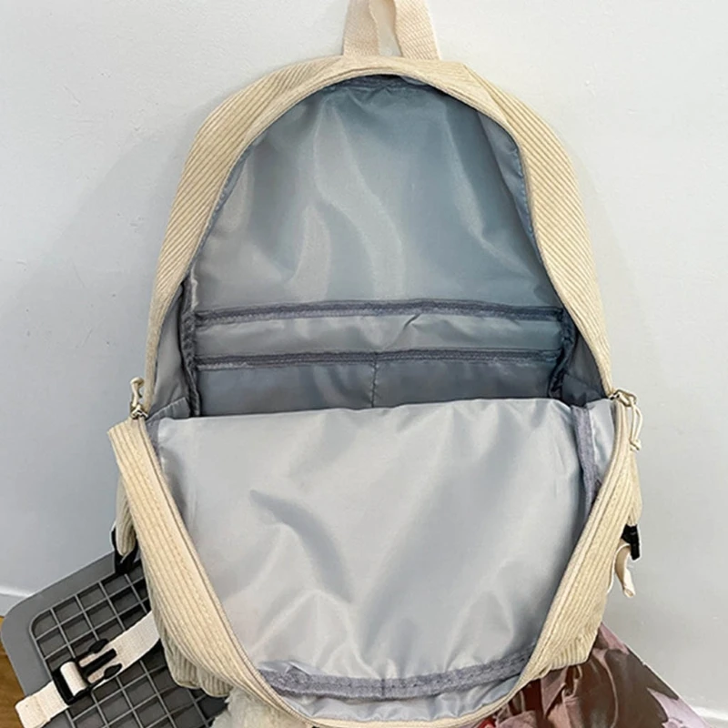 

Cartoon Embroidery Corduroy Backpack Retro Solid Color Casual Daypack
