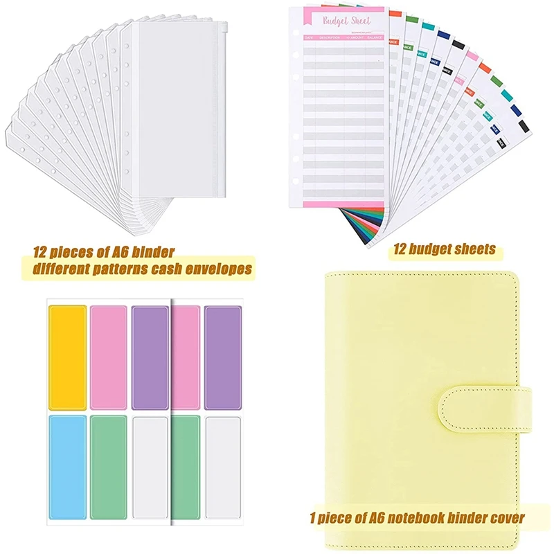 

A6 PU Leather Binder Notebook Cover, Waterproof 6-Ring Binder Refillable Notebook with 12 Budget Envelopes System