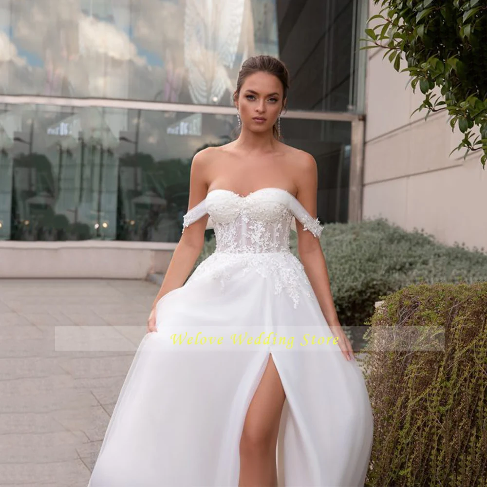 

Robe De Marie Vintage Tulle Off Shoulder Sweetheart Wedding Dresses Applique Plus Size Fashion Front Slit Bridal Gown