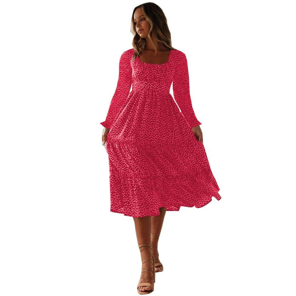 Women's Dress Fashion Women Polka Dot Print Bohemia Long Maxi Ruffles Sleeve Evening Party Summer Beach Sundress Q30 | Женская
