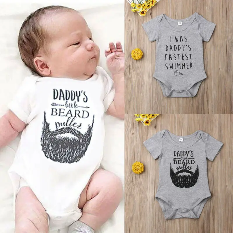 Cute Baby Boys Bodysuit Gray Short Sleeve Daddy Beard Letter Jumpsuits Print Newborn Playsuit Clothes | Детская одежда и обувь